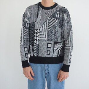 Vintage Expressions Black White Acrylic Patterned Sweater Retro 80s/90s Large